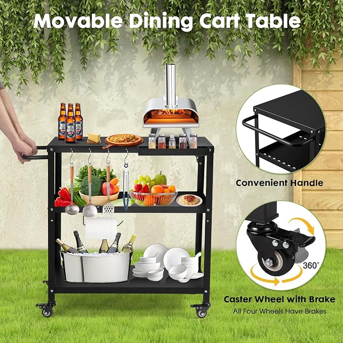 Outdoor Grill Cart Table,Indoor and Outdoor Pizza Oven Table,with 4 Movable Total Lock Casters, Hooks, Side Handle Multifunctional (Black)-Ruum Studio Home