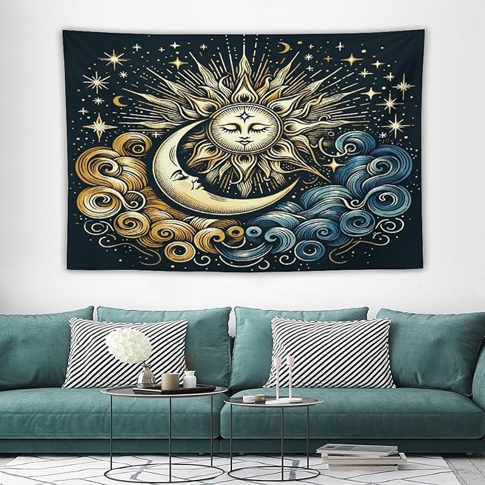 HZOHNAGO Sun Moon Tapestry Boho Golden Stars Pattern Printed Wall Tapestry Wall Hanging for Bedroom Living Room Dorm 90" W x 60" H-Ruum Studio Home