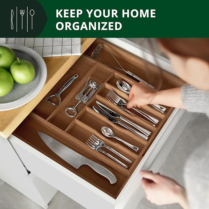 ROYAL CRAFT WOOD Luxury Bamboo Kitchen Drawer Organizer - Silverware Organizer - Utensil Holder and Cutlery Tray with Grooved Drawer Dividers for Flatware and Kitchen Utensils (9 Slot, Brown Bamboo)-Ruum Studio Home