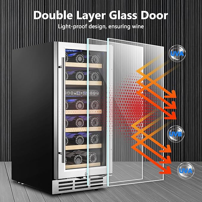 15 Inch Dual Zone Wine Refrigerator, 29 Bottle Under Counter Wine Fridge, Wine Refrigerator for Built-In or Freestanding, Wine Cooler with Removable Shelves, Double-Layer Glass Door, for Home-Ruum Studio Home