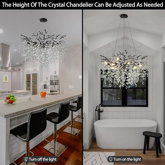Modern Black Crystal Tree Branch Chandelier, 10-Light 30" Black K9 Crystal Chandeliers for Dining Room, Round Chandelier for Living Room,High Ceiling,Kitchen Island,Foyer,Staircase-Ruum Studio Home