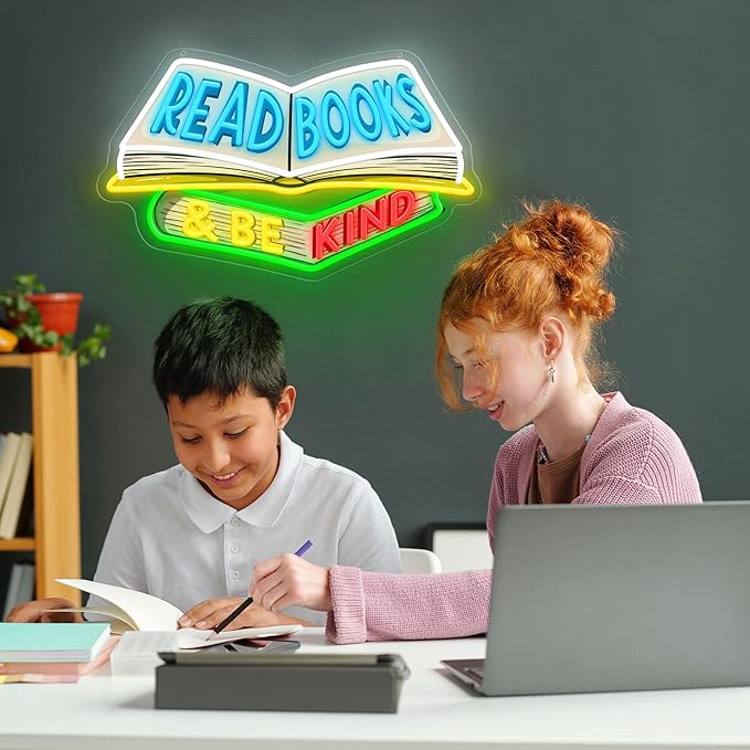 SELICOR Read Books & Be Kind Neon Signs for Wall Decor-Teacher Appreciation Gift,Adjustable LED Book Neon Light Up Sign for Reading Room Study Room Classroom Bookstore Library Museum Cafe Bedroom-Ruum Studio Home