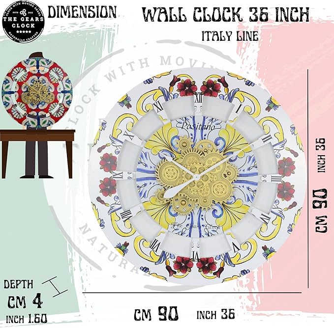 The Gears Clock Wall Clock Italy Collection with Moving Gears (Praiano, 36 inch Round)-Ruum Studio Home