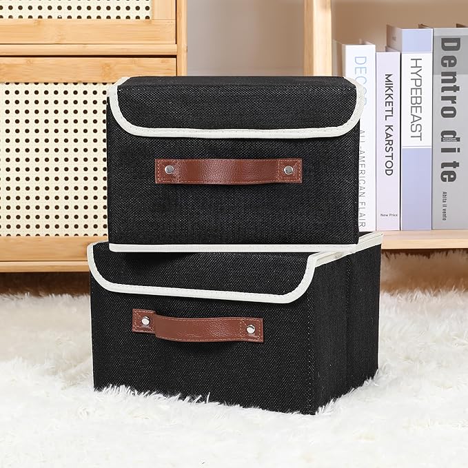 ANMINY 2PCS Storage Bins with Lid PU Leather Handles Storage Boxes PP Plastic Board Decorative Foldable Lidded Cotton Linen Fabric Home Cubes Baskets Closet Organizer Containers - Black, Small Size-Ruum Studio Home