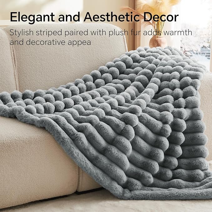 BEDELITE Faux Fur Throw Blanket for Couch, Soft and Cozy Luxurious 3D Striped Fluffy Blanket, 770GSM Thick Warm Plush Fuzzy Faux Rabbit Fur Blanket for Women Gift (Crey, 60"x 80")-Ruum Studio Home