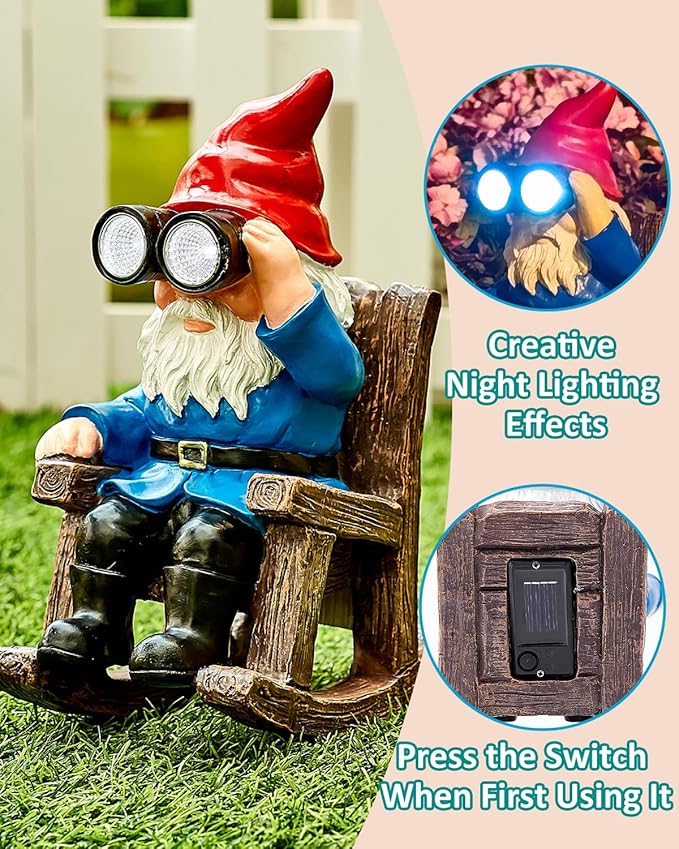 Solar Garden Gnome Statues Resin Gnome Figurines Sitting on Rocking Chair Outdoor Telescope Gnome Gifts for Yard, Patio Decor Gift-Ruum Studio Home