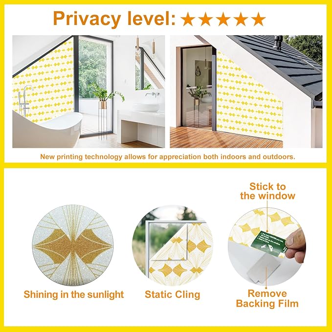 Window Privacy Film Stained Glass Decorative Static Clings Frosted Window Tint for Home Room Decor Bathroom Door Car Stickers with Glittering Effect, Removable(Golden Geometry)-Ruum Studio Home
