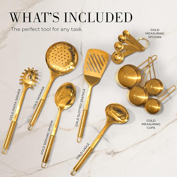 Gold Cooking Utensils with Measuring Cups and Spoons Set - 13-Piece Luxury Gold Kitchen Accessories Includes Metal Measuring Cups and Spoons for Baking, Cooking, and Elegant Kitchen Decor-Ruum Studio Home
