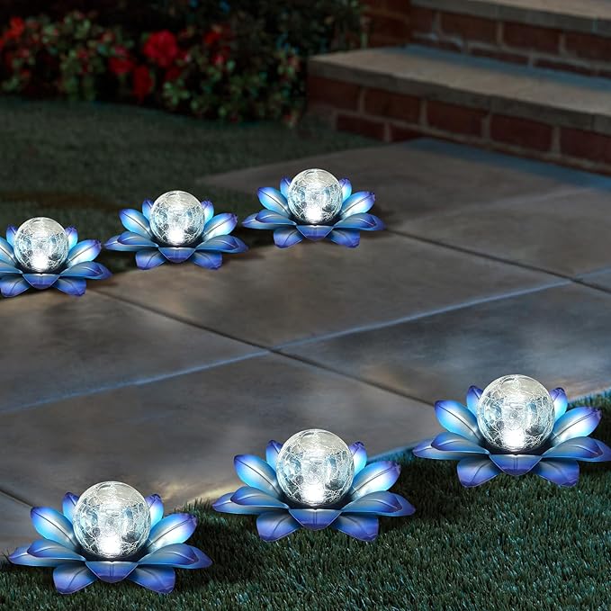 LEWIS&WAYNE Solar Garden Lights Outdoor, 3 Pcs Blue Lotus Flower Pathway Lamps with Cool White Crackle Glass Globe Led Lights for Patio Pathway Yard Balcony Garden Decorations-Ruum Studio Home