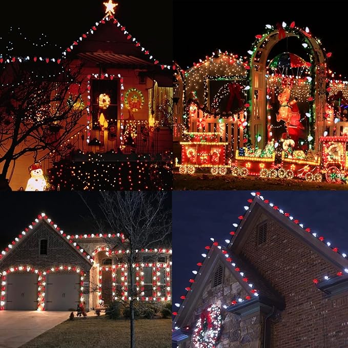 Extendable Red and White 50 LED Waterproof C9 LED Christmas Lights Indoor Outdoor Green Wire, Super Bright C9 Christmas String Lights for Tree, Patio, Easter, Porch, Home, Christmas Decorations-Ruum Studio Home