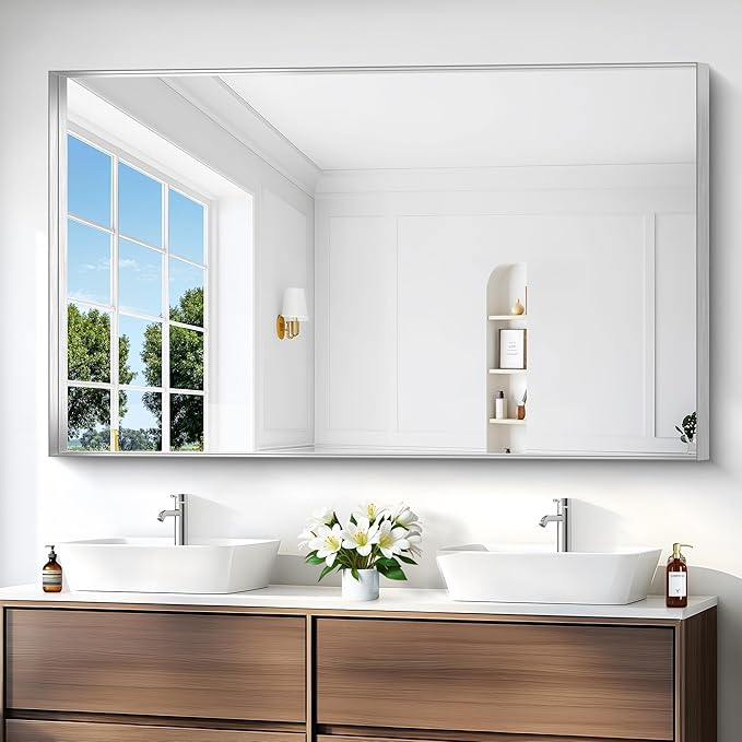 Silver Bathroom Mirror, 36x60 Inch Rectangular Deep Frame Mirror, Large Wall Mounted Bathroom Vanity Mirror Over Sink for Bedroom,Restroom, Living Room, Hangs Vertically or Horizontally-Ruum Studio Home