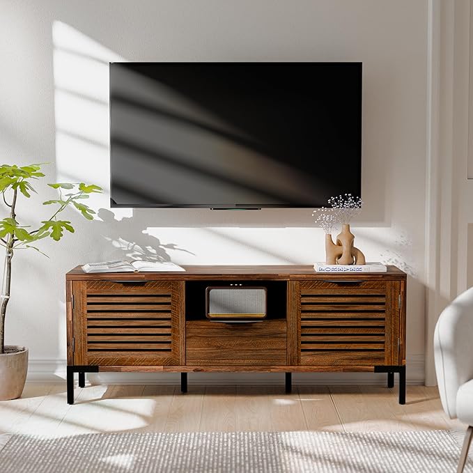 Bme Millie Solid Wood TV Stand for TVs up to 65 Inches, Modern Farmhouse TV Stand with Rustic Charm, TV Stands for Living Room, Chestnut-Ruum Studio Home