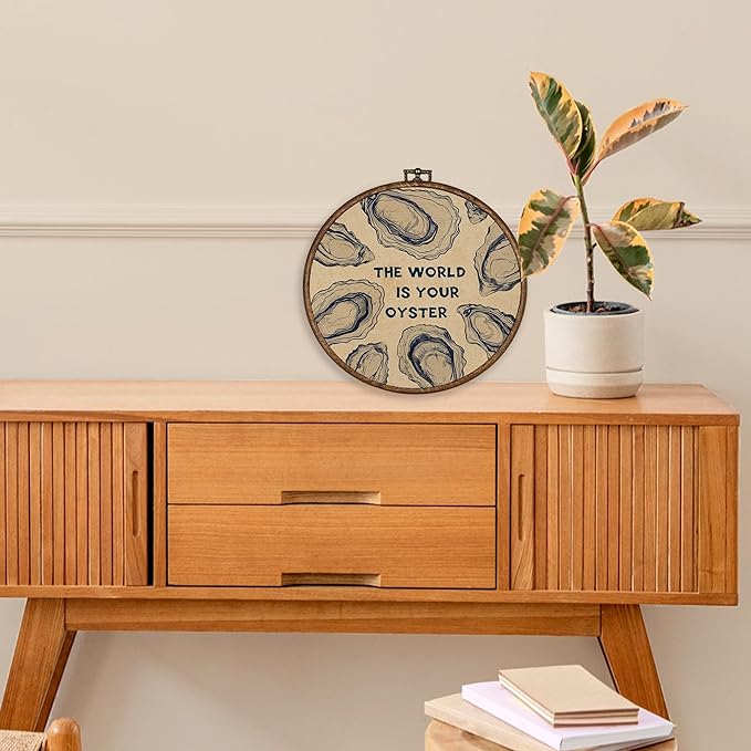 XBBMGG Oyster Wall Art Decor, Coastal Vintage Oyster Shell Round Wall Hanging Decor, Beach Ocean Nautical The World Is Your Oyster Framed Canvas Prints for Living Room Bathroom Decorations, 10x10inch-Ruum Studio Home