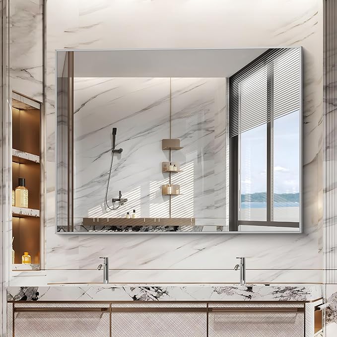 Silver Bathroom Mirror, 48"X36" Rectangle Mirrors for Wall Metal Frame, Bathroom Rectangular Mirror Modern Wall Mirror for Bedroom Living Room, Hangs Horizontal or Vertical-Ruum Studio Home