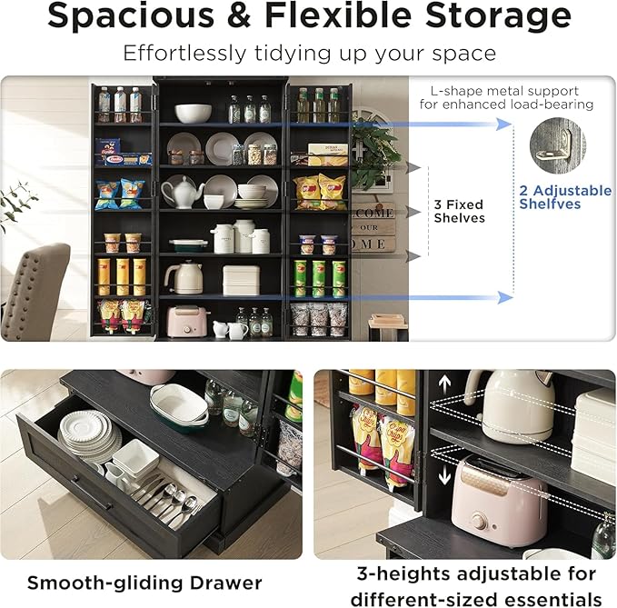 72" Farmhouse Kitchen Pantry Cabinet with Drawer, Tall Storage Cabinet with 2 Barn Doors and Shelves, Versatile Large Rustic Storage for Dining Room, Bathroom, Living Room, Black-Ruum Studio Home