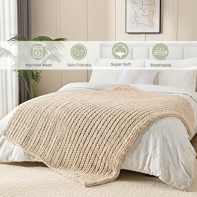 Esterra Chunky Knit Blanket Throw 50"x60", 100% Hand Knitted Chenille Throw Blanket, Cozy Soft Thick Cable Knit Throw Large Rope Knot Crochet Throw Blanket for Sofa Couch Bed, Sandshell/Oatmeal-Ruum Studio Home