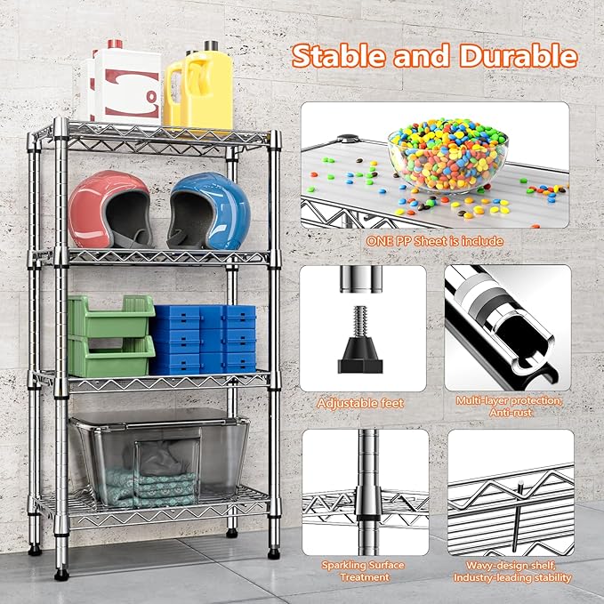 1000 lbs 4 Tier Shelf Metal Storage Shelves Wire Rack Closet Organizers with PP Board for Garage Kitchen Bathroom Laundry Chrome 11.8" D x 21.7" W x 39.5" H-Ruum Studio Home