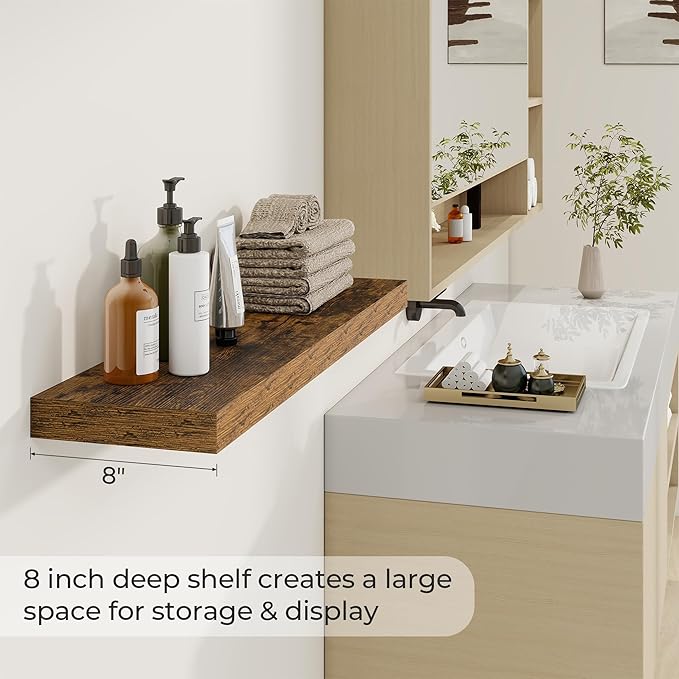 36 inch Floating Shelves Wall Shelves for Office with Invisible Brackets, 8 inch Deep Shelves for Bathroom, Living Room, Kitchen, Office, 36x7.9 inch deep Set of 2, Brown-Ruum Studio Home