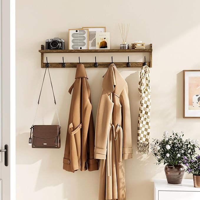 BAMEOS Coat Rack Wall Mount, Large Wooden Coat Hooks with Shelf, 35" L, 7 Dual Metal Hooks for Entryway, Bathroom, Kitchen, Living Room, Bedroom-Ruum Studio Home