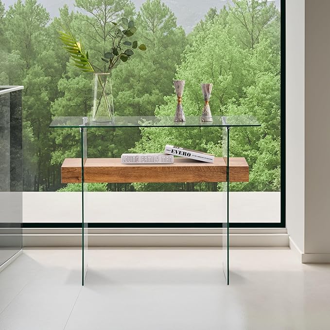 ivinta Glass Console Table with Storage, 39.4" Modern Narrow Entryway Table for Living Room, Entrance, Hallway or Bedroom 5101 (Natural Wood)-Ruum Studio Home