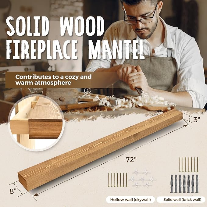 72x8x3 Fireplace Mantel - Handcrafted Hollow Rustic Solid Wood Wall Mounted Floating Shelf with Invisible Heavy Duty Wood Bracket (Natural Wood)-Ruum Studio Home