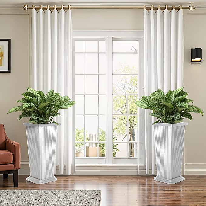 FENCY Set of 2 Tall Planters for Outdoor Plants, 24 Inch Large Tapered Pots with Drainage Trays, Weather-Resistant Plastic Plant Containers for Patio, Porch, Garden, Front Door Decor,White, Striped-Ruum Studio Home