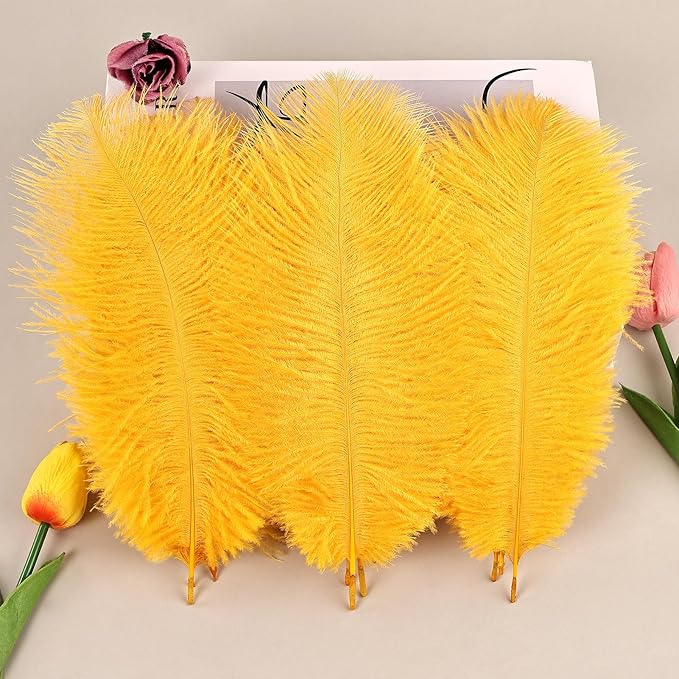 THARAHT Golden Yellow Ostrich Feathers 12pcs Natural Bulk 8-10Inch 20cm-25cm for Crafts Wedding Party Centerpieces Halloween and Home Decoration Feathers-Ruum Studio Home
