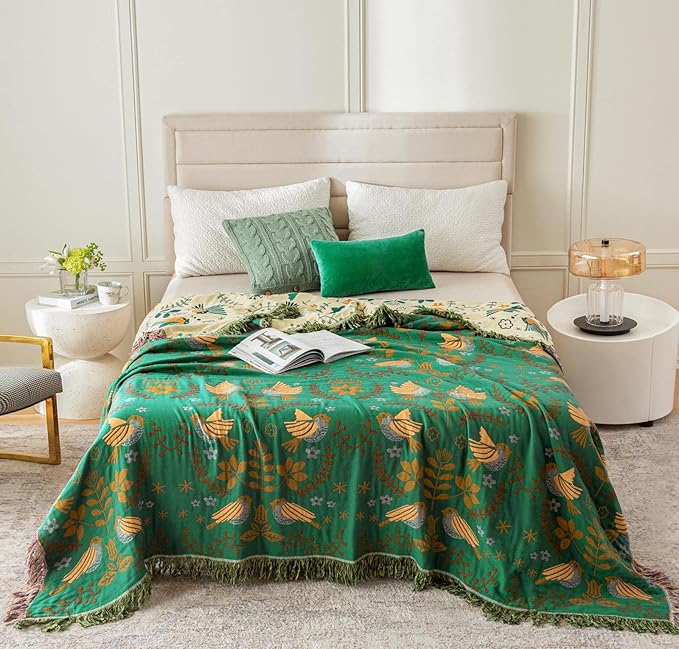 MSGKV Boho Throw Blanket 100% Cotton Green Blanket 90''x 98'' Double Sided Knit Blankets with Tassels Reversible Warm Soft Blanket Throw Blankets for Bed Sofa Living Room-Ruum Studio Home