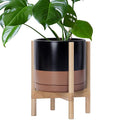 D'vine Dev Ceramic Planter with Natural Stand - 12 Inch Modern Round Flower Pot with Wood Planter Holder, Black/Speckled Tan, 55-B-J-7-Ruum Studio Home