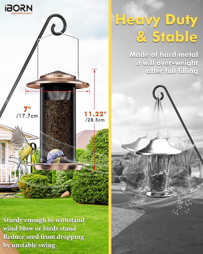 iBorn Bird Feeders for Outdoors, All Metal Mesh Tube, Holding Bird Seed for Outside Feeders,18cm Large Roof, Copper, 2.8lb(Seed is not Included)-Ruum Studio Home