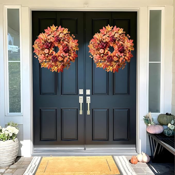 26'' Large Fall Wreath for Front Door, Autumn Wreaths for Outdoor Home Decor - Farmhouse Wreath with Maple Leaves, Pumpkins, Roses, Thanksgiving Decoration, Rustic Harvest Festival Door Hanging-Ruum Studio Home