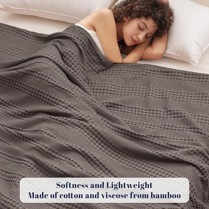 PHF Cooling Waffle Blanket Queen Size, Lightweight 60% Rayon Derived from Bamboo & 40% Cotton Breathable Blanket for Hot Sleepers, Soft and Luxury for Bed Couch and Sofa, 90"x90", Dark Grey-Ruum Studio Home