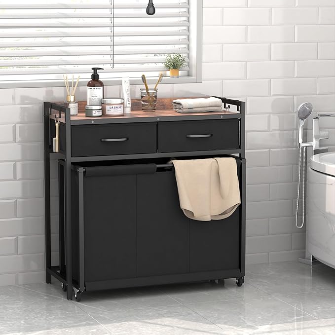Laundry Hamper Laundry Basket with 3 Section Pull-Out Rolling Bags, Laundry Sorter for Organization and Storage with 2 Pull-Out Drawers for Laundry Room, Bathroom, Bedroom Use (Rustic Brown)-Ruum Studio Home