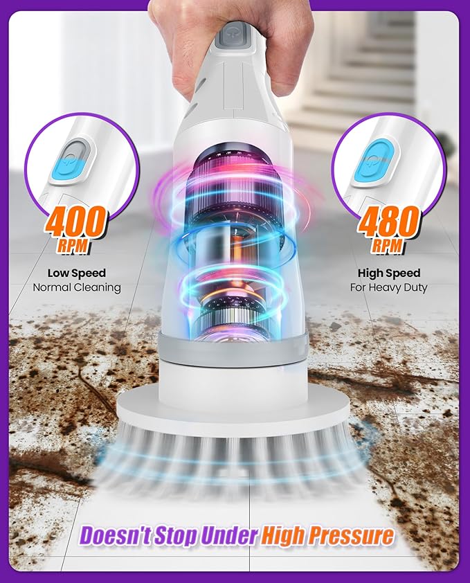 Electric Spin Scrubber, Cordless Shower Scrubber Rotary Floor Brushes & Pad Drivers with 6 Brush Heads - 2H Dual Speed, IPX7 Waterproof Extension Handle for Bathroom Tile Car Cleaning (White)-Ruum Studio Home