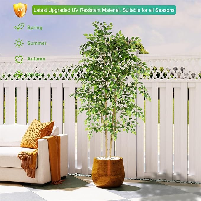 Tall UV Resistant Ficus Tree Artificial，6ft(72in) Faux Ficus Tree with Realistic Smooth and Shiny Leaves， Fake Trees Indoor Outdoor for Home Office Living Room Bedroom Foyer Porch Decor.-Ruum Studio Home