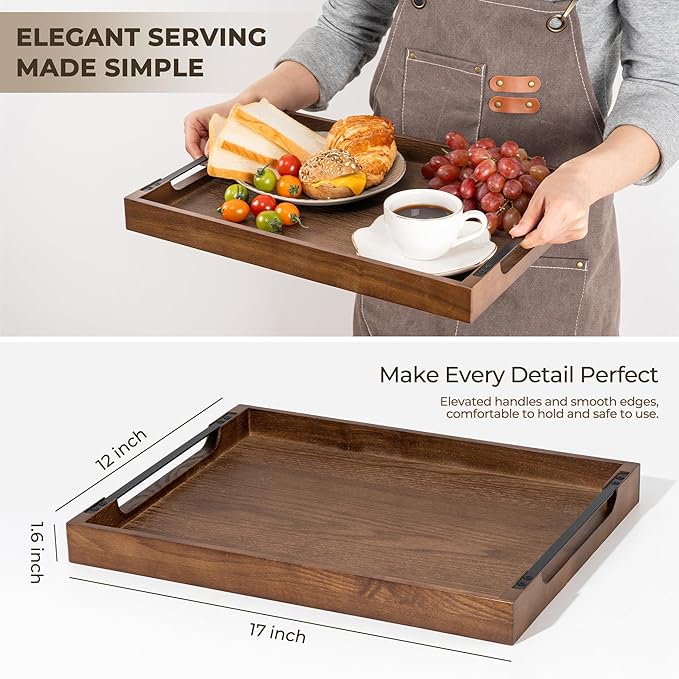 Axeman Wooden Serving Tray with Metal Handles|Ottoman Tray for Breakfast, Bed, Couch|17x13in Ash Wood Coffee Table Trays|Food Drinks Decorative Storage Boards for Ottoman Kitchen, Walnut-Ruum Studio Home