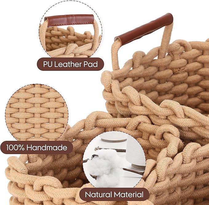Sea Team 3-Pack Rectangle Woven Cotton Rope Storage Baskets with Handles, Shelf Basket, Closet Organizers, 3-in-1, Khaki-Ruum Studio Home