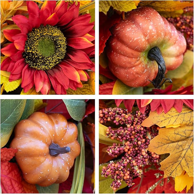 Fall Wreaths for Front Door 24 Inch- Full&Realistic Autumn Maple Leaves Wreath,Large Fall Door Wreath with Sunflower,Pumpkin,Berries for Thanksgiving Harvest Festival Decorations-Ruum Studio Home