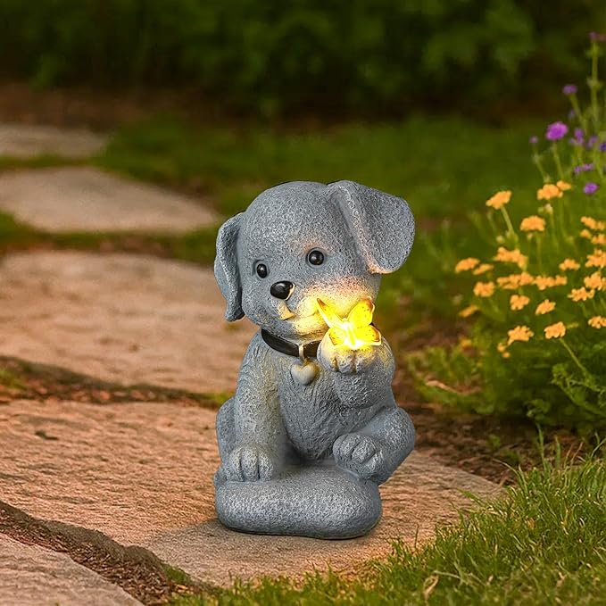 Solar Puppy Dog Garden Decor - Cute Pet Memorial Statue, Auto On/Off LED Light, Weatherproof Resin for Yard Pathway & Dog Lover Gifts-Ruum Studio Home