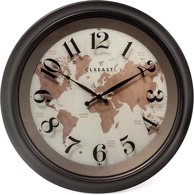 CLXEAST 18 Inch Illuminated Wall Clock with Smart LED Light Sensor, Large Modern World Map Wall Clocks for Living Room Decor,Oil Rubbed Bronze,Unique House Warming Gifts-Ruum Studio Home