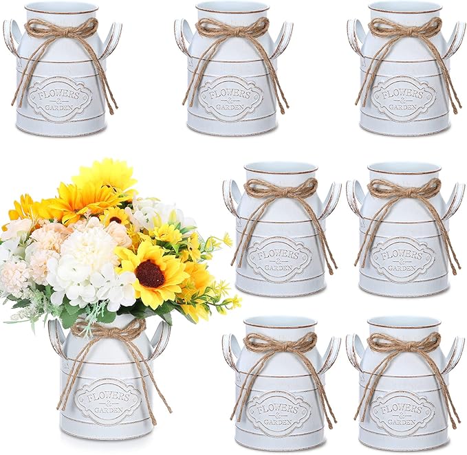 6 Inch Farmhouse Vase Decor Milk Can Vintage Flower Jug Galvanized Metal Vase with Handle Rustic Flower Buckets for Thanksgiving Christmas Table Centerpiece Weddings Gifts(Retro White,8 Pcs)-Ruum Studio Home