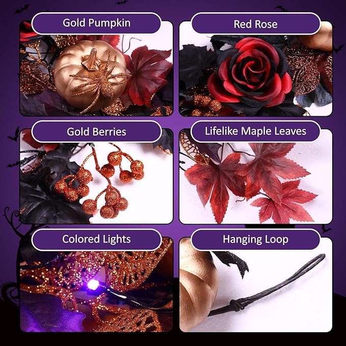 SHareconn 2 Pcs 6FT Halloween Garland with Purple Lights Battery Operated and Timer, Pre-Lit Black Red Maple Leaves Lighted Garland Decorations for Fireplace Mantle Centerpiece Indoor Outdoor Decor-Ruum Studio Home