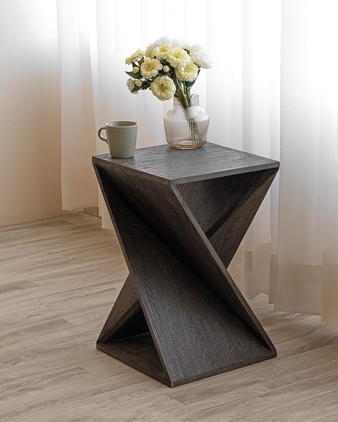 Modern Hand Made One-of-a-Kind Carved Mango Wood End Table, Farmhouse Side Table,Farmhouse End Table,Living Room,Bedroom, Accent Table, Contemporary Architectural Designed Grey,Assembled-Ruum Studio Home