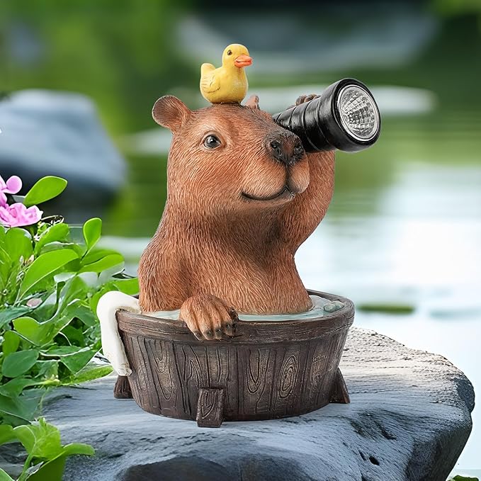 Capybara Solar Garden Statue – Funny Outdoor Resin Animal Decor with Flashlight & Duck – Waterproof Yard Lawn Ornament with LED Light – Solar Powered Figurine for Patio, Porch, Landscape-Ruum Studio Home