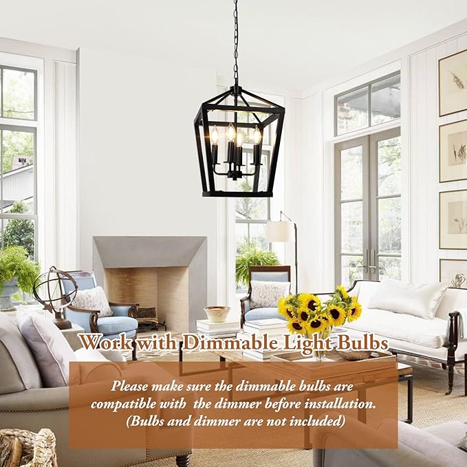 BrightHome Farmhouse Chandelier 4-Light, Black Pendant Light Fixture Ceiling Hanging for Kitchen Island Dining Room, Lantern Industrial Lighting with Metal Cage Adjustable Height for Entryway Foyer-Ruum Studio Home