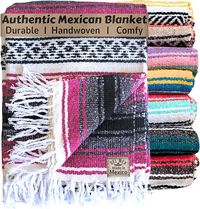 Del Mex Classic Mexican Blanket, Large Authentic Woven Falsa Throw (70"x50"), Artisan Southwest Décor for Beach, Yoga, Outdoors (Hot Pink/Fuchsia)-Ruum Studio Home