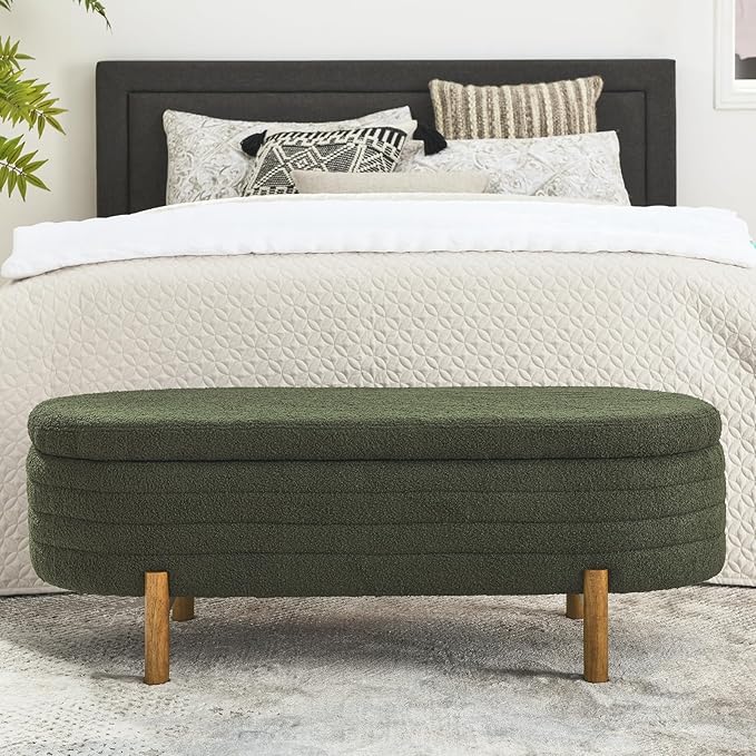 Furniliving 46” Storage Benches, End of Bed Bench with Button-Tufted Large Upholstered Storage Ottoman Teddy Window Bench with Storage Shoe Cabinet Bench, for Bedroom, Entryway, Closet, Green-Ruum Studio Home