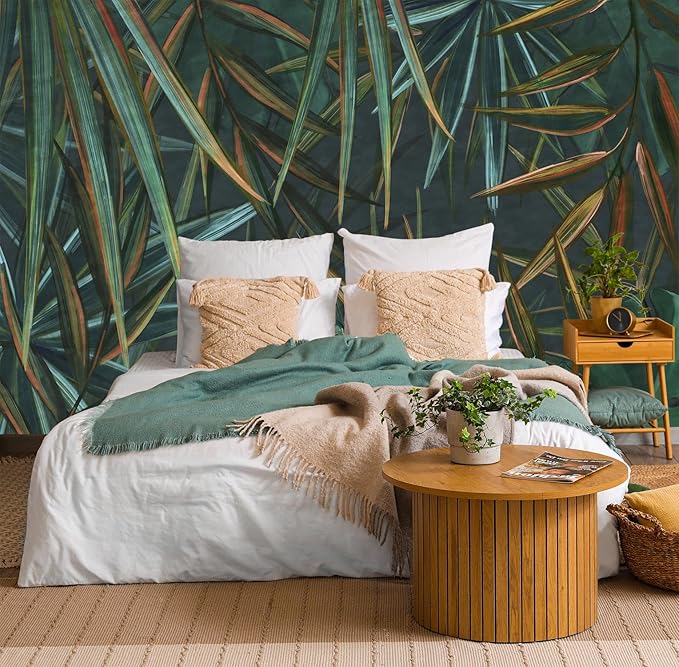 Dark Tropical Palm Leaf Wallpaper Mural Oil Painting Style Abstract Leaves Wall Mural (Not Peel and Stick)-Ruum Studio Home