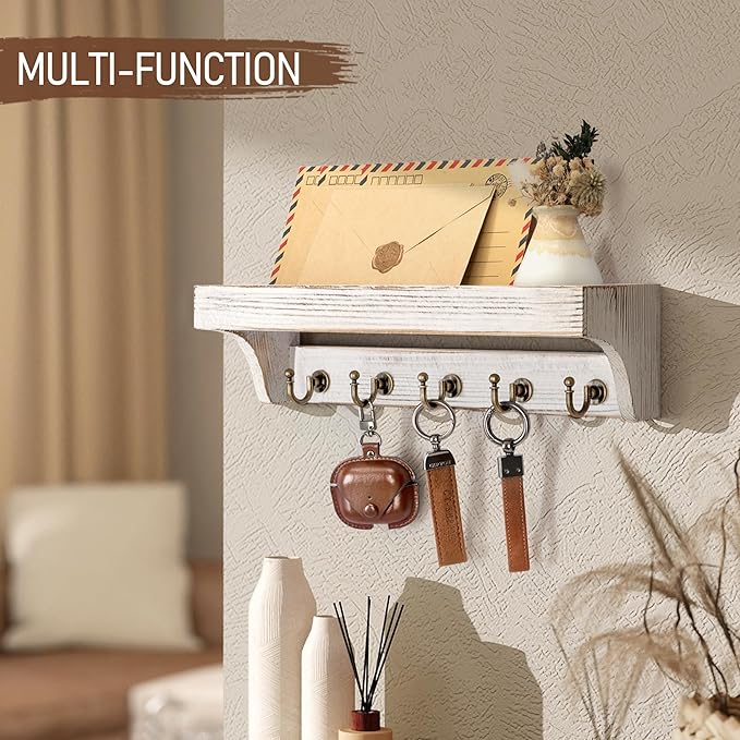 Rebee Vision Pine Wood Key Holder Wall Mount with Shelf for Farmhouse Decor - Rustic Wall Mail Organizer Wall Mounted for Living Room Decor - Perfect Mail Organizer for Home Improvement (Whitewash)-Ruum Studio Home