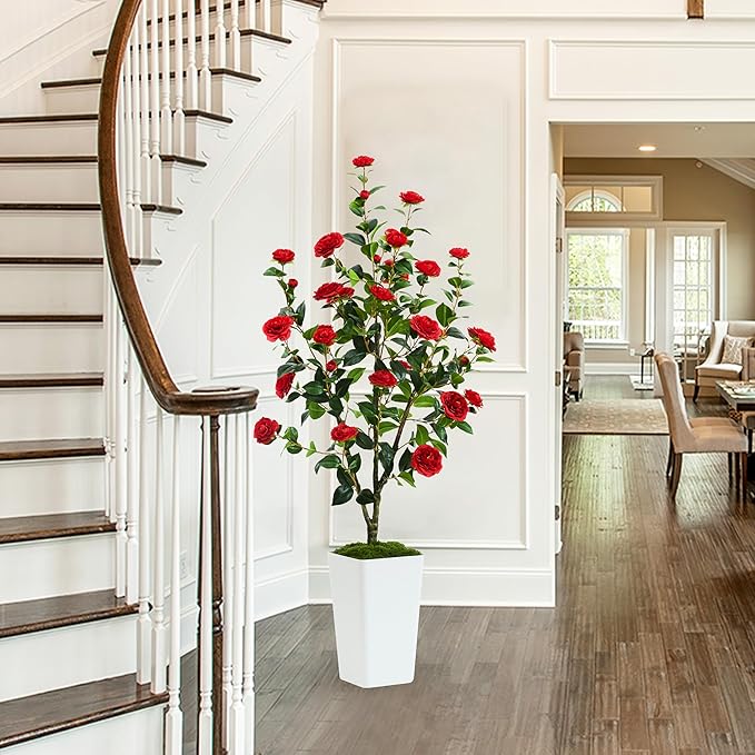 Artificial Camellia Tree 5FT Faux Trees Indoor Fake Floral Plant Blooming Tree with Red Flowers & White Tall Planter, Faux Camellia Plants for Porch Home Room Bedroom Office Front Door Outdoor Decor-Ruum Studio Home
